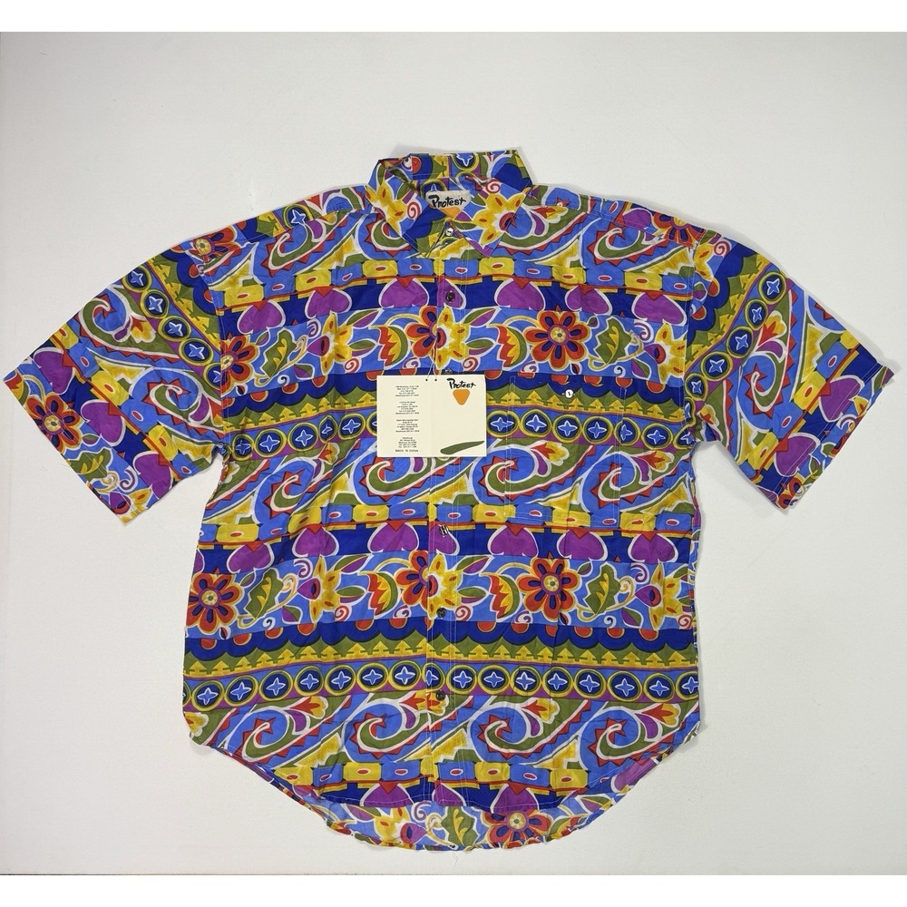 Vintage Protest Silk Shirt Mens XL Floral Abstract AOP Beach Art NWT Party